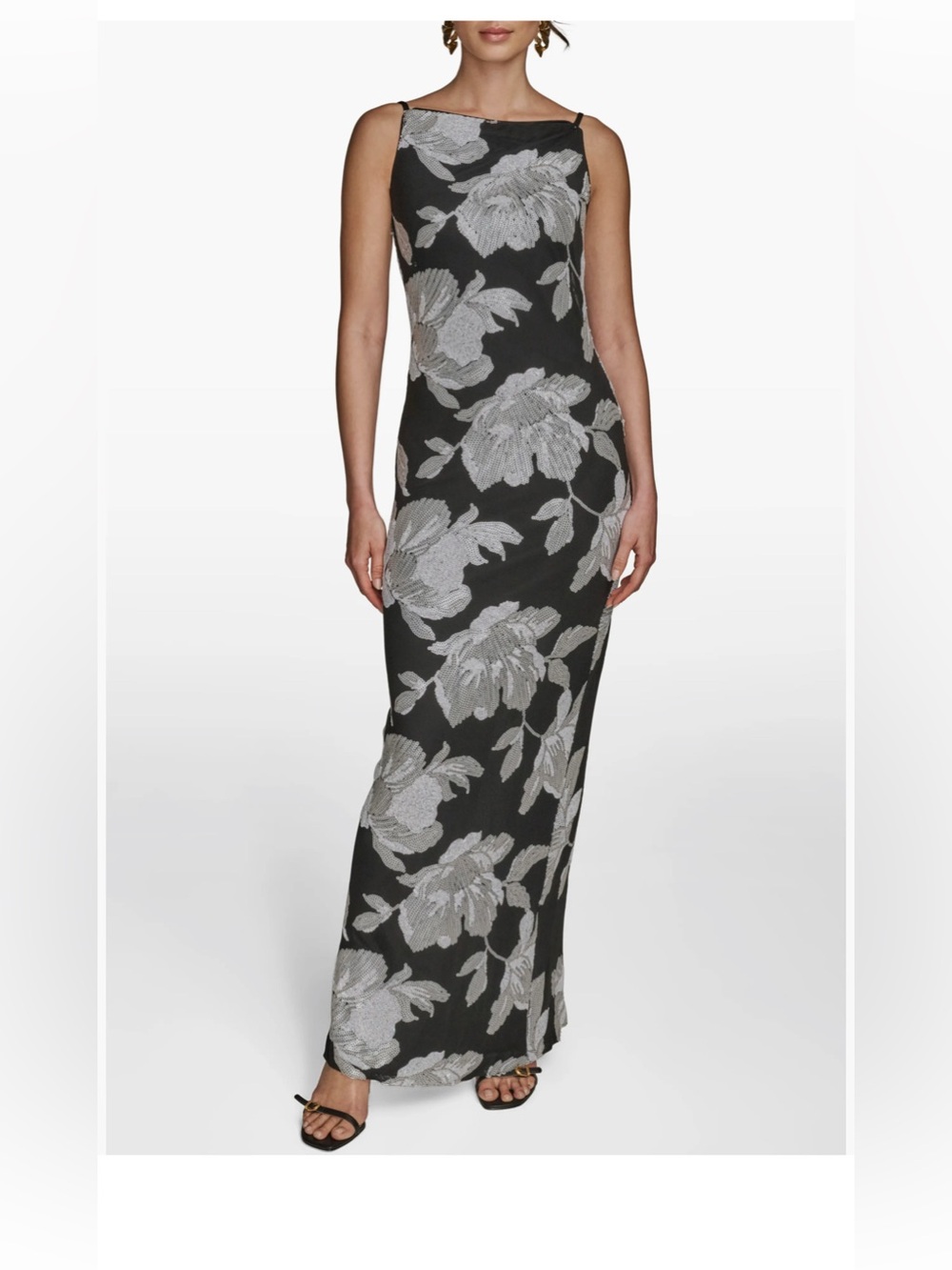 Donna Karan Black Maxi Dress with Silver Floral Jacquard